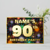 90歳の誕生日パーティー - 楽しくてカラフルな花火のデザイン 箔招待状 (立ち正面)