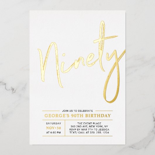 90歳の誕生日パーティー 現代のゴールドスタイル 箔招待状 (正面)