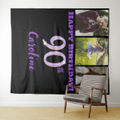 90歳の誕生日パーティー、紫のグリッター & 3枚の写真 タペストリー (インサイチュ(横))