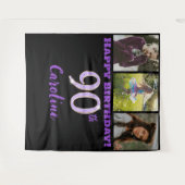 90歳の誕生日パーティー、紫のグリッター & 3枚の写真 タペストリー (正面(横))