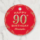 90歳の誕生日パーティー 赤と金のグリッター フレーム フェイバータグ (裏面)