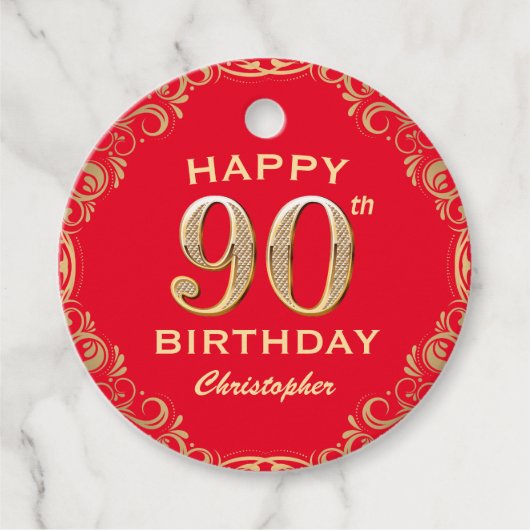 90歳の誕生日パーティー 赤と金のグリッター フレーム フェイバータグ (正面)