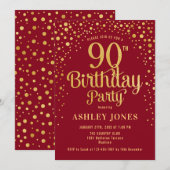 90歳の誕生日パーティー - 赤と金 招待状 (正面/裏面)