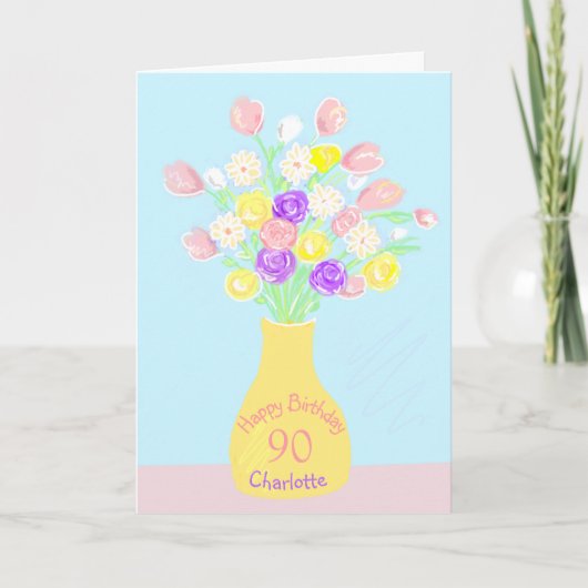 90歳の誕生日ピンクと紫の花瓶 カード (正面)