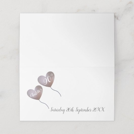 90歳の誕生日ピンクのハートバルーン プレイスカード (外部開封)
