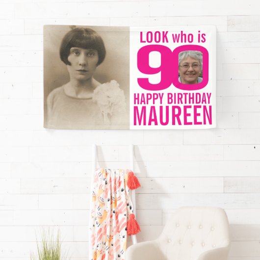 90歳の誕生日ピンクのルック90カスタムの写真を今すぐb 横断幕 (インサイチュ)