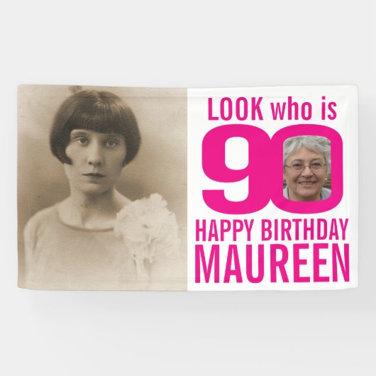 90歳の誕生日ピンクのルック90カスタムの写真を今すぐb 横断幕 (横)