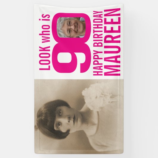 90歳の誕生日ピンクのルック90カスタムの写真を今すぐb 横断幕 (縦)