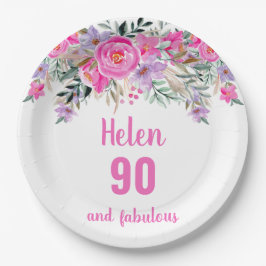 90歳の誕生日ピンクの水彩フローラ ペーパープレート