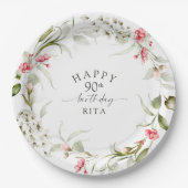 90歳の誕生日ピンクの水彩花柄 ペーパープレート (正面)