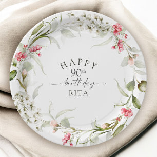 90歳の誕生日ピンクの水彩花柄 ペーパープレート