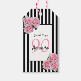 90歳の誕生日ピンクの花模様オン白黒ストライプ ギフトタグ