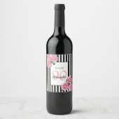 90歳の誕生日ピンクの花模様オン白黒ストライプ ワインラベル (正面)