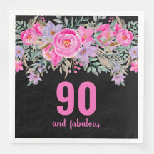 90歳の誕生日ピンクの黒いフローラパーティーナプキン
