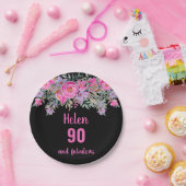 90歳の誕生日ピンクの黒い水色フローラ ペーパープレート (パーティー)