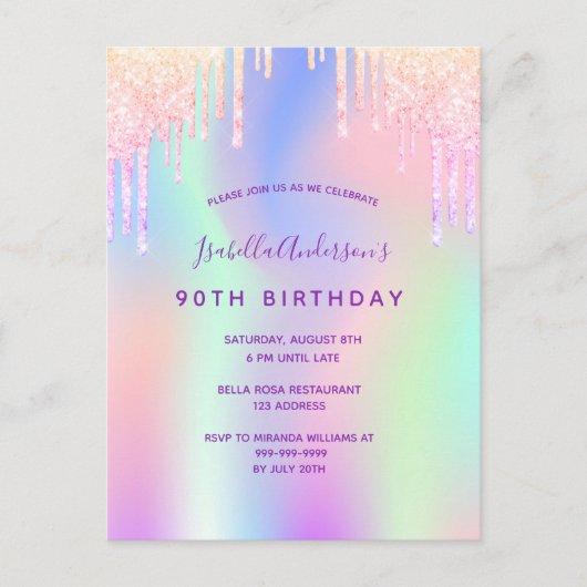90歳の誕生日ピンクパープルホログラフィック招待 ポストカード (正面)