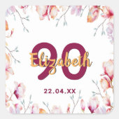 90歳の誕生日ピンクマグノリア花模様白 スクエアシール (正面)