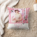 90歳の誕生日ピンク白いストライプフローラ写真 クッション<br><div class="desc">90歳の誕生日の女性への贈り物。白い背景クラシックに薄いピンクと白い縦型ストライプの。花ガーリーとフェミニン花、ピンクのバラと牡丹を装飾として。90歳のテンプレート、名前、日付が付いた前面のフレーム。ピンク文字。テンプレートを使用して垂直方向の写真</div>