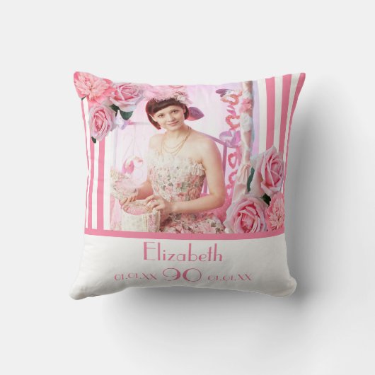 90歳の誕生日ピンク白いストライプフローラ写真 クッション (裏面)