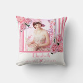 90歳の誕生日ピンク白いストライプフローラ写真 クッション (正面)