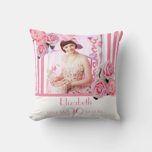 90歳の誕生日ピンク白いストライプフローラ写真 クッション (正面)