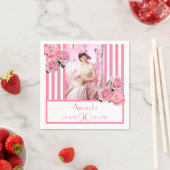 90歳の誕生日ピンク白いストライプフローラ写真 スタンダードカクテルナプキン (インサイチュ)