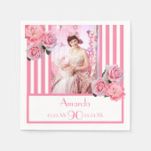 90歳の誕生日ピンク白いストライプフローラ写真 スタンダードカクテルナプキン (正面)