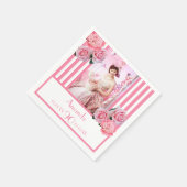 90歳の誕生日ピンク白いストライプフローラ写真 スタンダードカクテルナプキン (角)