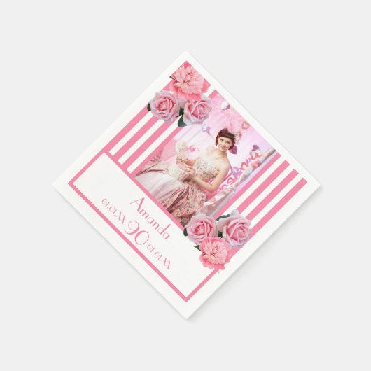 90歳の誕生日ピンク白いストライプフローラ写真 スタンダードカクテルナプキン (角)