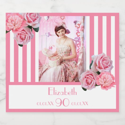 90歳の誕生日ピンク白いストライプフローラ写真 スパークリングワインラベル (シングルラベル)