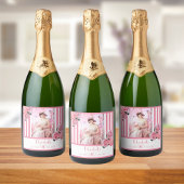 90歳の誕生日ピンク白いストライプフローラ写真 スパークリングワインラベル