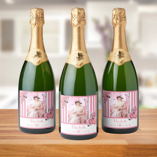 90歳の誕生日ピンク白いストライプフローラ写真 スパークリングワインラベル