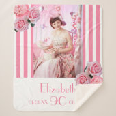 90歳の誕生日ピンク白い花模様ストライプ写真 シェルパブランケット (正面)