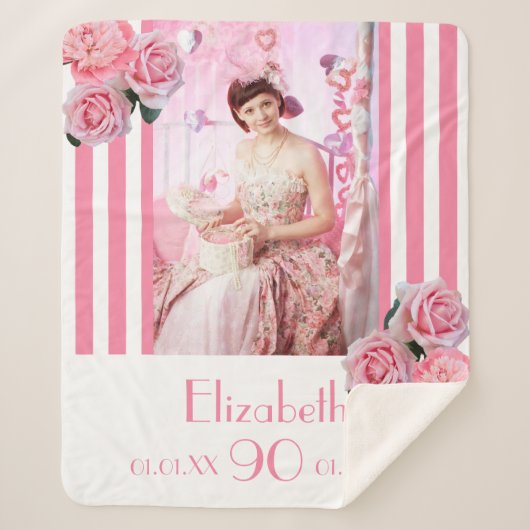 90歳の誕生日ピンク白い花模様ストライプ写真 シェルパブランケット (正面)