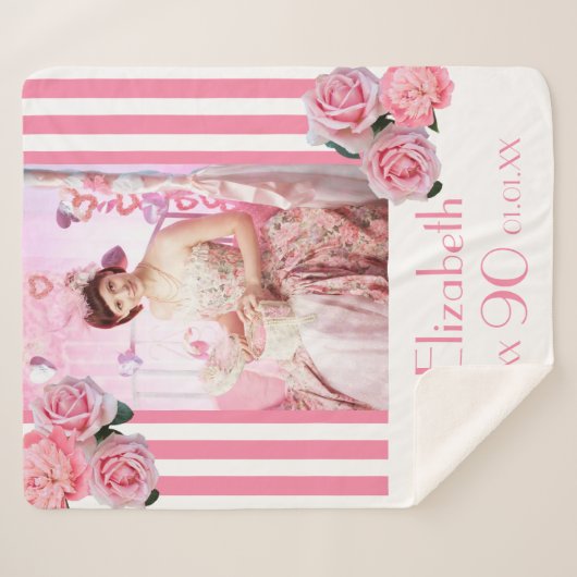 90歳の誕生日ピンク白い花模様ストライプ写真 シェルパブランケット (正面(横))