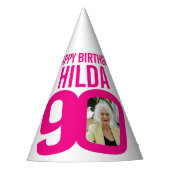 90歳の誕生日フォトカスタムフォトピンク白 パーティーハット (正面)