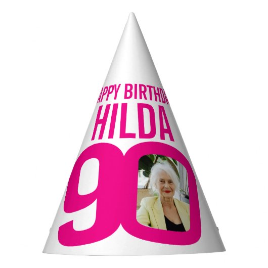 90歳の誕生日フォトカスタムフォトピンク白 パーティーハット (正面)