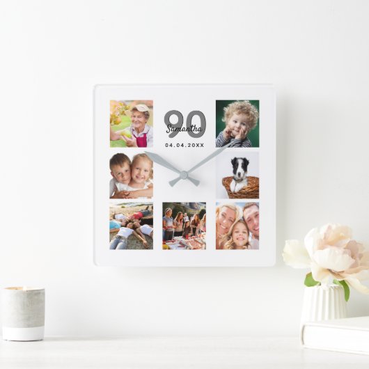 90歳の誕生日フォトコラージュ家族 スクエア壁時計 (ホーム)