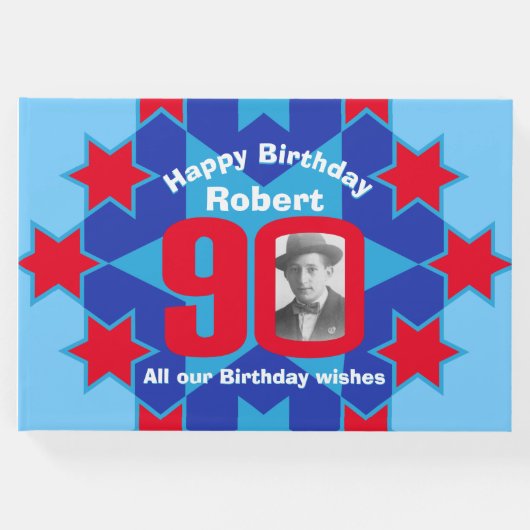 90歳の誕生日フォトスター赤い青のゲストブック ゲストブック (正面)