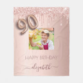 90歳の誕生日フォトバラ金ゴールドグリッター赤面ピンク フリースブランケット (正面)
