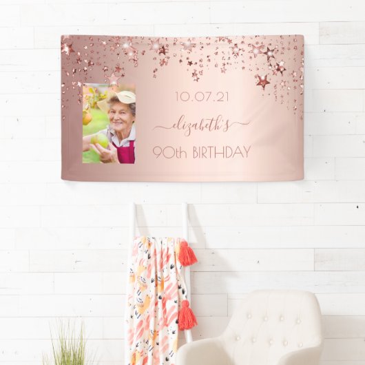 90歳の誕生日フォトバラ金ゴールドピンクの星 横断幕 (インサイチュ)