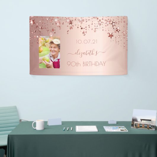 90歳の誕生日フォトバラ金ゴールドピンクの星 横断幕 (トレードショー)