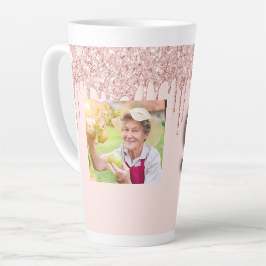 90歳の誕生日フォトバラ金ゴールドピンクの滴 カフェラテマグ (左アングル)