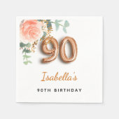 90歳の誕生日フローラバラ金ゴールドユーカリ・モノグラム スタンダードカクテルナプキン (正面)