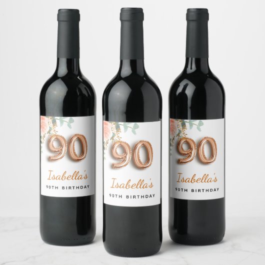 90歳の誕生日フローラバラ金ゴールドユーカリ・モノグラム ワインラベル (ボトル)