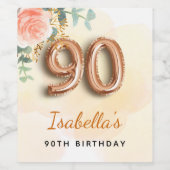 90歳の誕生日フローラバラ金ゴールドユーカリ・モノグラム ワインラベル (シングルラベル)