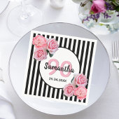 90歳の誕生日ブラックストライプ花模様クラシック スタンダードカクテルナプキン