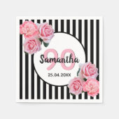 90歳の誕生日ブラックストライプ花模様クラシック スタンダードカクテルナプキン (正面)