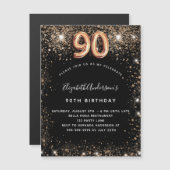 90歳の誕生日ブラック金ゴールドグリッターは豪華に輝く マグネット招待状 (正面/裏面)