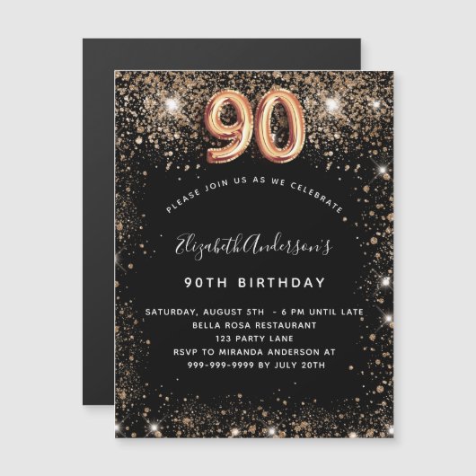 90歳の誕生日ブラック金ゴールドグリッターは豪華に輝く マグネット招待状 (正面/裏面)